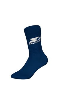 Navy blue ankle sock with ribbed texture and a white "STARTER" logo. Standard shape with a reinforced toe and heel for durability.