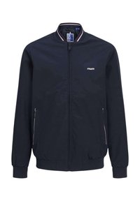Giubbotto bomber navy realizzato in tessuto leggero, con zip frontale, polsini a costine e accenti a righe a contrasto sul colletto.