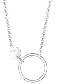Silver pendant necklace featuring a large circular ring with a small circular tag engraved with "925." Delicate chain links complete the design.