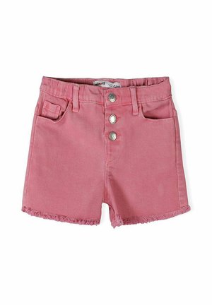 Różowe szorty dżinsowe z trzema metalowymi guzikami, szlufkami na pasek, przednimi kieszeniami i postrzępionymi brzegami.