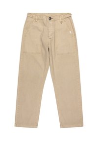 Beige bomuldsbukser med lige pasform, der har to store frontlommer og en knaplukning. Stoffet har en subtil tekstur.