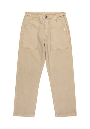 Pantalons en coton beige avec une coupe droite, dotés de deux grandes poches avant et d'une fermeture à bouton. Le tissu présente une texture subtile.