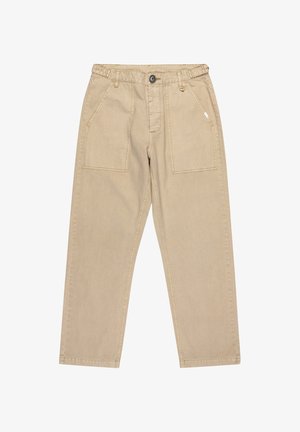 Beige cotton trousers with a straight-leg fit, featuring two large front pockets and a button closure. The fabric shows subtle texture.