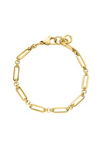 Goldene Kettenarmband mit länglichen rechteckigen Gliedern, einem Karabinerverschluss und einer abgerundeten Schlaufe, mit einer glatten metallischen Oberfläche.