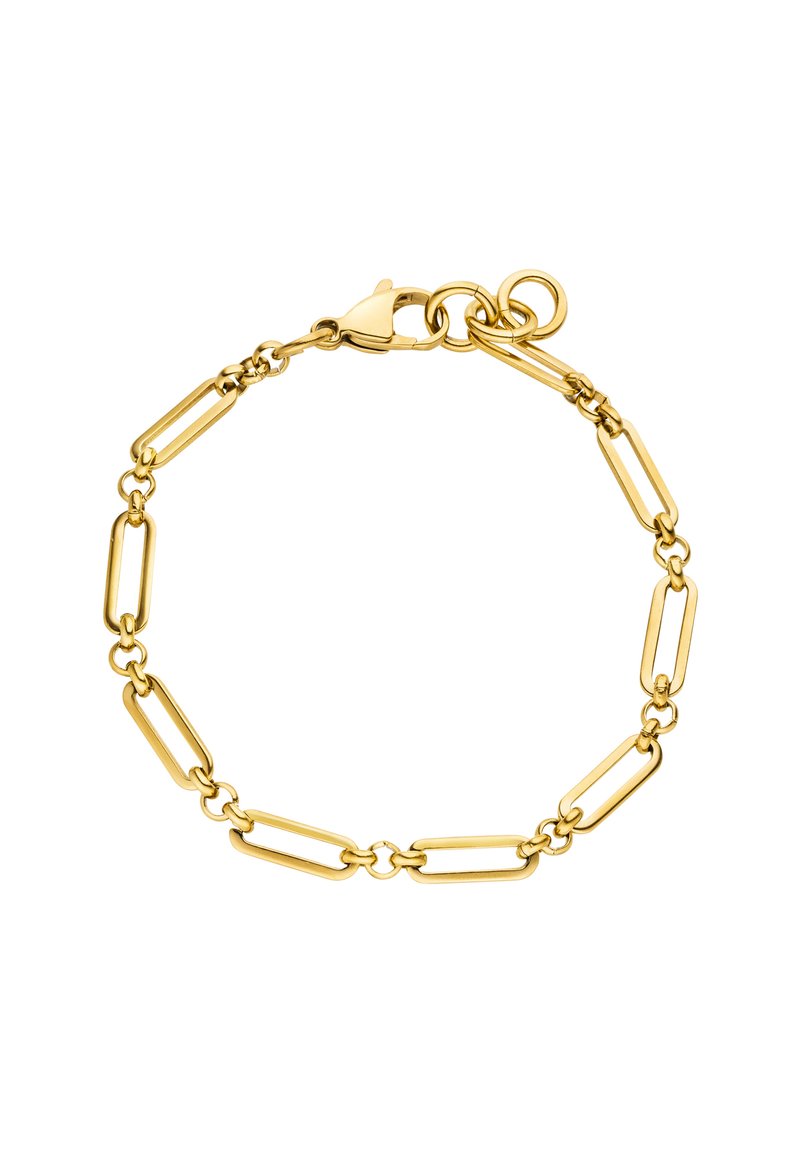 Goldene Kettenarmband mit länglichen rechteckigen Gliedern, einem Karabinerverschluss und einer abgerundeten Schlaufe, mit einer glatten metallischen Oberfläche.