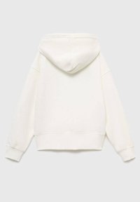 Bela kapuca s vezicami, dolgi rokavi, ribana manšeta in rob. Mehka bombažna tkanina z sproščenim krojem in minimalnimi detajli.