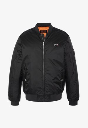 Black bomber jacket made of nylon with a front zipper, ribbed cuffs and hem, and an orange inner lining. Features a side pocket with zipper.