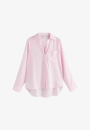 Jasnoróżowa, długi rękaw, koszula na guziki z kołnierzykiem i kieszenią na piersi, wykonana z przejrzystej tkaniny z subtelnymi pionowymi paskami.