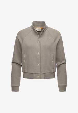 Beige cropped bomberjack met drukknoopsluiting, geribde kraag, manchetten en zoom, en twee voorzakken.