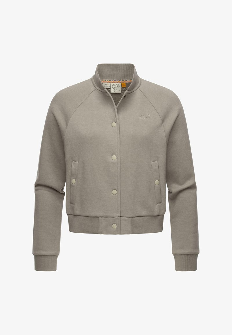Veste bomber beige courte avec boutons-pression, col, poignets et ourlet côtelés, et deux poches avant.