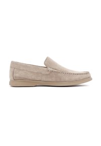 Beige suede slip-on shoes with a stitched design at the toe, flat rubber sole, and minimalistic construction.
