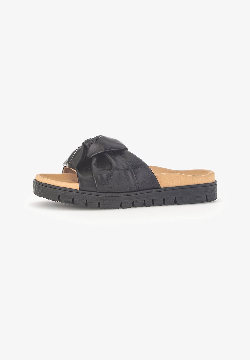 Sandale slide en cuir noir avec dessus noué, semelle intérieure rembourrée couleur cuir clair et semelle extérieure épaisse noire à crampons, vue de côté sur fond blanc.