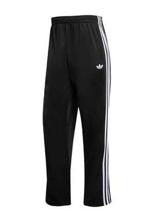 Μαύρο αθλητικό παντελόνι από πολυεστέρα, με τρεις λευκές κάθετες ρίγες κατά μήκος των πλευρών και κεντημένο λογότυπο στον γοφό.