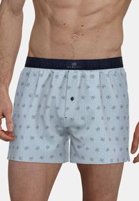 Men's boxers in a light blue striped fabric with navy waistband, featuring a pattern of small navy circles and a button fly.