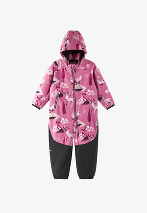 Completo da neve impermeabile rosa con cappuccio, caratterizzato da renne bianche e motivi geometrici, e sezioni inferiori nere. Chiusura con cerniera frontale e polsini elasticizzati.