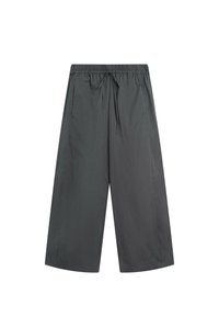 Dark gray wide-leg pants with elastic waistband and drawstring, front pockets, and a loose, cropped fit.