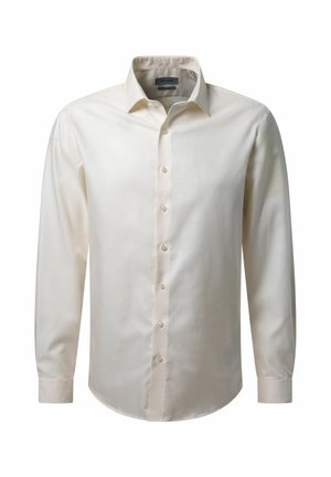 Langärmliges, knopflose Hemd aus leicht cremigem Stoff. Verfügt über einen klassischen Kragen, Perlenknöpfe und eine glatte Textur. Einfaches Design.