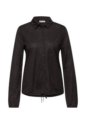 Schwarzes Hemd mit durchgehender Knopfleiste und langen Ärmeln, versehen mit einem dezenten Leopardenmuster, Kordelzug am Saum und klassischem Kragen.