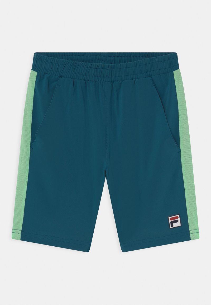Tmavě modré šortky s zelenými bočními panely, elastickým páskem a dvěma bočními kapsami. Obsahují malou nášivku s logem na dolním levém okraji.