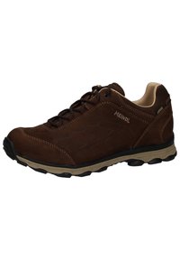 Braune Wanderschuhe aus Leder mit strukturiertem Obermaterial, sandfarbenen Akzenten und einer Gummisohle mit Profilmustern. Schnürsenkel für einen sicheren Sitz.