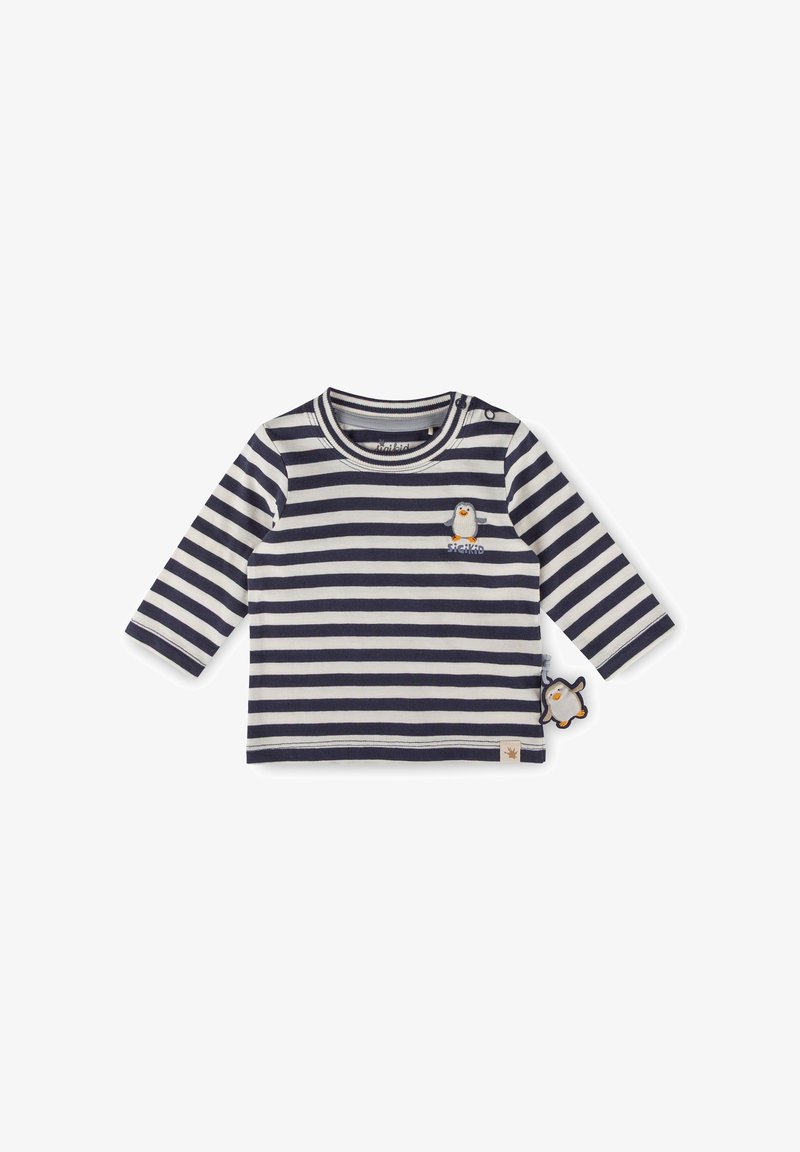 Gestreiftes Langarmhemd aus navyfarbenem und weißem Baumwollstoff, mit einer kleinen Pinguin-Stickerei und einem Stoffetikett in Pinguinform.