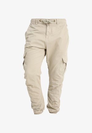 Beige cargobukser med elastiske mansjetter, sidelommer med klaffer, snøring i midjen og beltehemper.