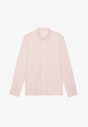 Lyserød langærmet skjorte med knaplukning og spidse krave, lavet af glat stof, med en frontknaplukning og et minimalistisk design.