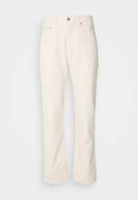 Béžové bavlněné kalhoty z twill s přímým střihem, pět kapsami a kovovým zapínáním. Minimalistický a hladký povrch.