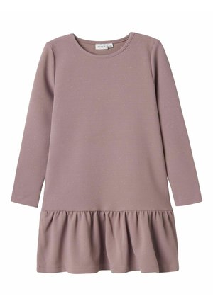 Vestito mauve a maniche lunghe con scollo rotondo e orlo arricciato, realizzato in tessuto strutturato con dettagli scintillanti sottili.
