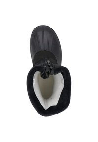 Zwarte winterlaars met een ronde neus, textuur rubberen bovenkant en een zachte, met fleece gevoerde kraag. Voorzien van een trekkoord voor een veilige pasvorm.