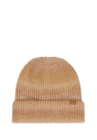 Cappellino a maglia color beige caldo, con una trama a coste, un risvolto piegato e una piccola etichetta del marchio sul lato. Materiale morbido e versatile.