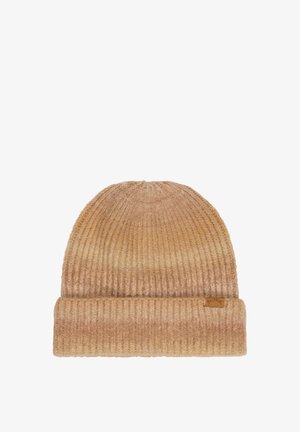Knit beanie in warm beige, featuring a ribbed texture, a folded cuff, and a small brand tag on the side. Soft, versatile material.