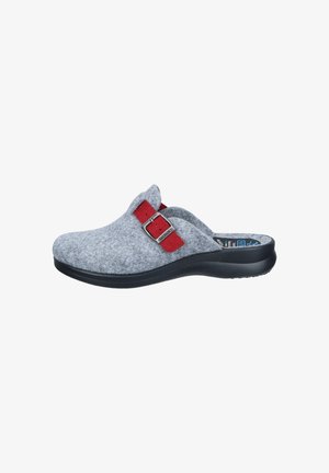 Gray felt clog with a black rubber sole. Features a red strap and metal buckle. Rounded toe and open back design for easy wear.