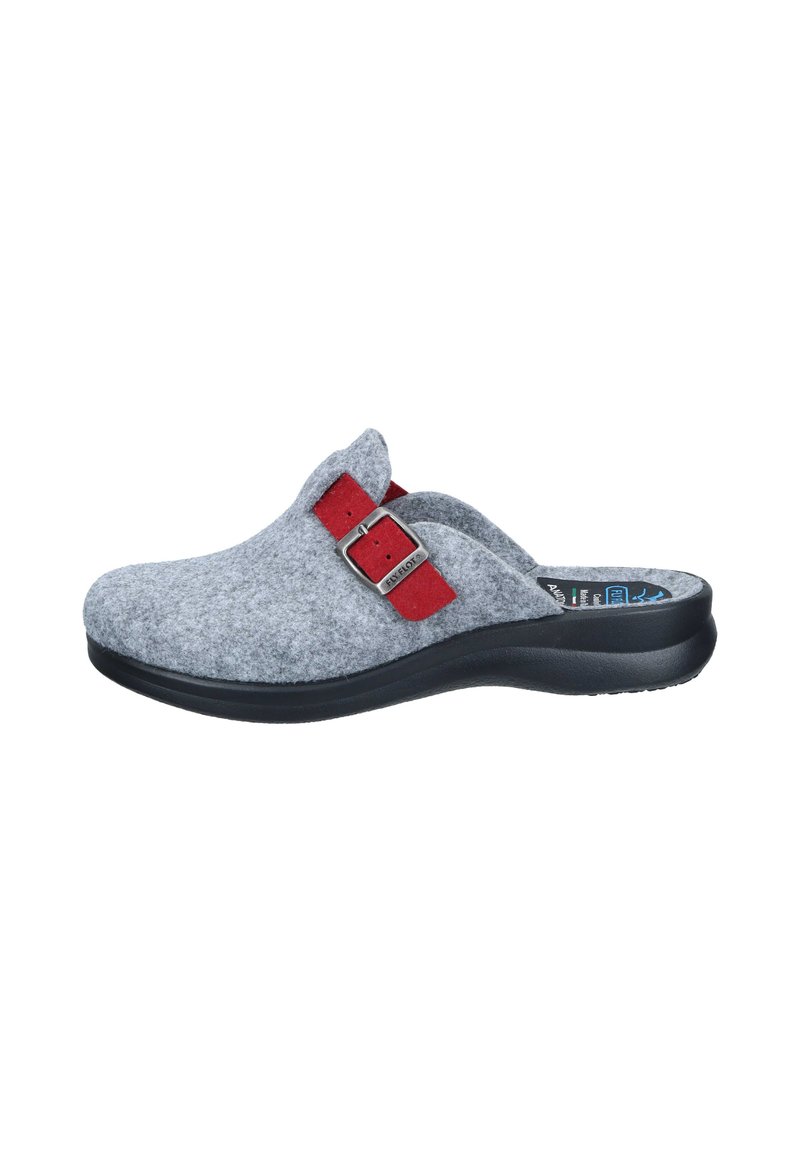 Gray felt clog with a black rubber sole. Features a red strap and metal buckle. Rounded toe and open back design for easy wear.