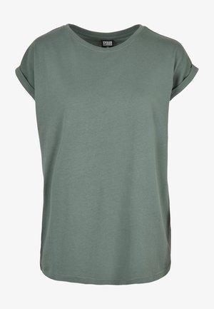 Zeleno bombažno majico s krožnim izrezom, kratkimi zvitim rokavi, sproščenim krojem in gladko teksturo. Enostaven dizajn, brez vzorcev ali okrasnih elementov.