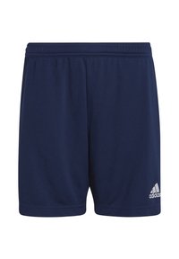 Granatowe szorty sportowe wykonane z gładkiego materiału, z elastycznym pasem i białym logo Adidas na dolnej prawej stronie.