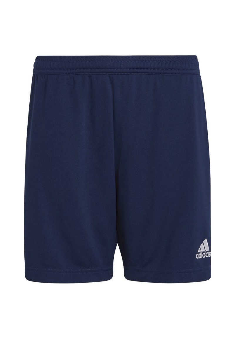 Granatowe szorty sportowe wykonane z gładkiego materiału, z elastycznym pasem i białym logo Adidas na dolnej prawej stronie.