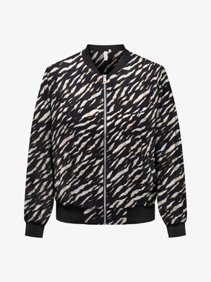 Jachetă bomber cu imprimeu de tigru în alb și negru, fermoar frontal, manșete, guler și talie tip dantelă.