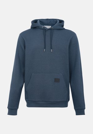 Men's dark blue textured hoodie with front kangaroo pocket, drawstring hood, and ribbed cuffs and hem.