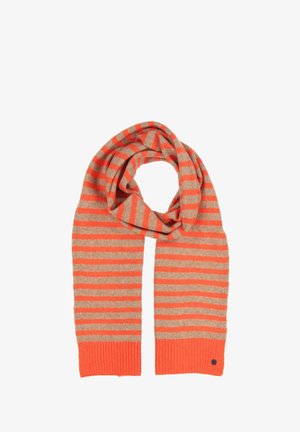 Sciarpa a strisce arancione e beige, caratterizzata da una consistenza morbida, forma allungata e estremità a coste con un piccolo emblemma nero.