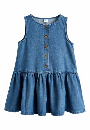 Ärmelloses, blaues Denimkleid mit rundem Ausschnitt, fünf braunen Knöpfen vorne und einem vom Taillenbereich ausgestellten, gerafften Rock.