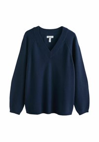Marineblauer Pullover mit V-Ausschnitt, langen Ärmeln und gerippten Bündchen. Aus weichem Strickmaterial gefertigt, mit lockerer Passform und minimaler Detailgestaltung.