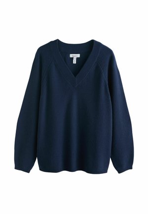 Navy blue sweater with a V-neck, long sleeves, and ribbed cuffs. Made of soft knit material with a relaxed fit and minimal detailing.