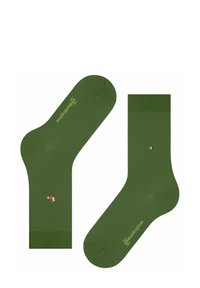 Zwei grüne Socken sind zusammen ausgestellt. Eine hat ein kleines Hundefdesign, während die andere ein Logo am Knöchel trägt.