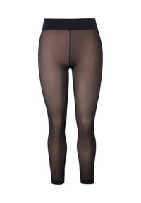 Zwarte doorschijnende enkellange panty's met brede tailleband, naadloos ontwerp en verstevigde stiksels op witte achtergrond.