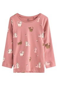 Langärmliges pinkes Hemd aus Baumwolle, das mit einem Muster verschiedener Cartoon-Katzen in Weiß, Braun und Schwarz sowie kleinen floralen Akzenten versehen ist.