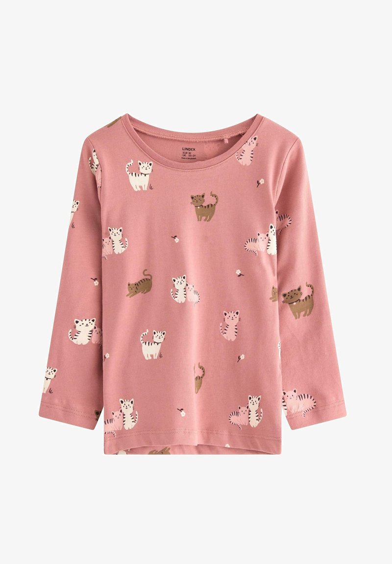 Camicia a maniche lunghe di colore rosa, realizzata in cotone, con un motivo di vari gatti dei cartoni animati in bianco, marrone e nero, arricchita da piccoli dettagli floreali.