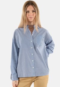 Camisa de botones a rayas azul y blanca con un bolsillo en el pecho, de corte relajado, de manga larga y puños de botón. El material parece suave y transpirable.