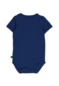 Marineblå kortærmet bodysuit med rund halsudskæring og trykknaplukning nederst. Har en lille grøn detalje på siden.