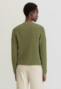 Olivgrüner Strickpullover mit geripptem Muster, Raglanärmeln und rundem Ausschnitt, kombiniert mit hellbeigen Hosen.